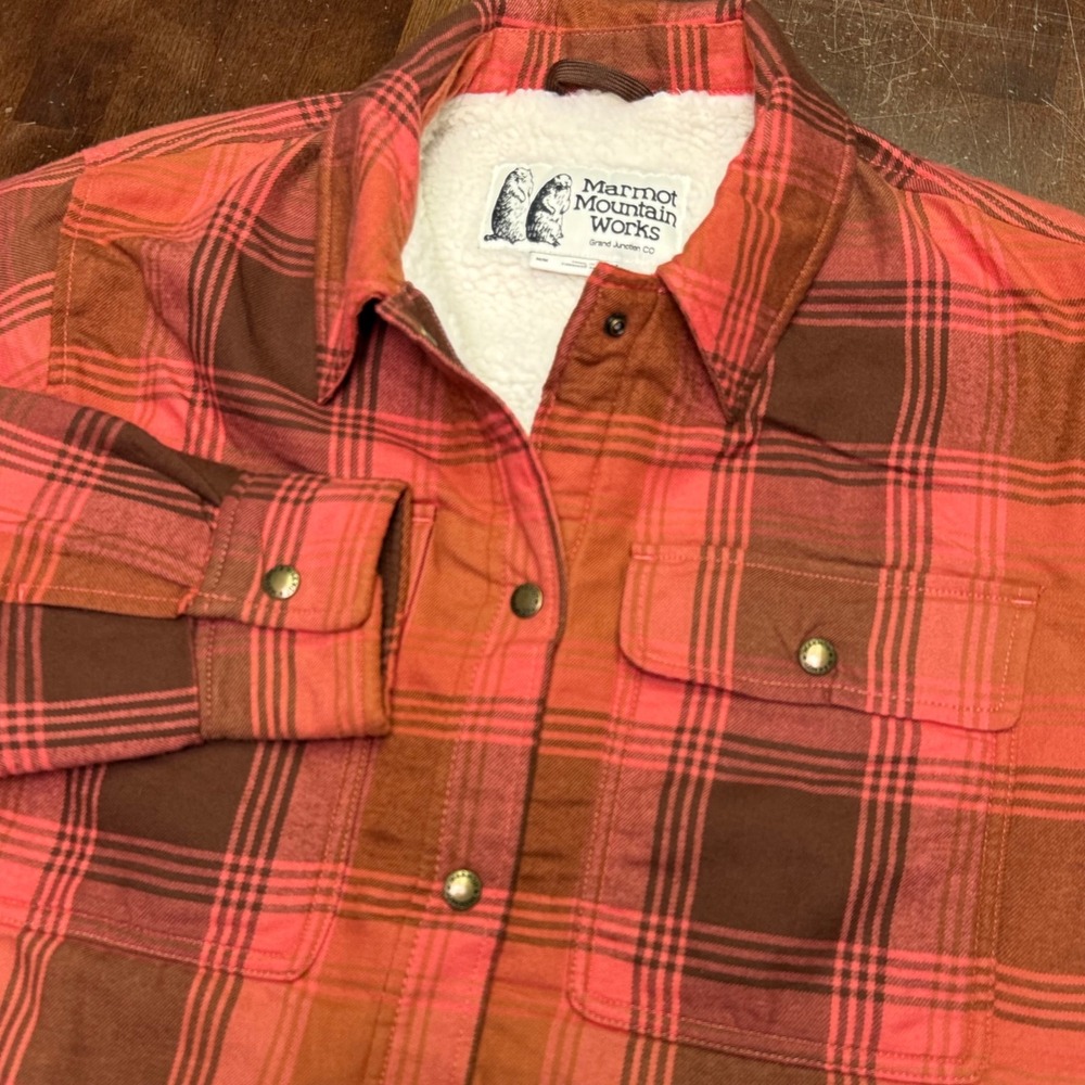 Marmot Mountain Works Shirt Jacket Mens M Orange Plaid Sherpa Lined Thick